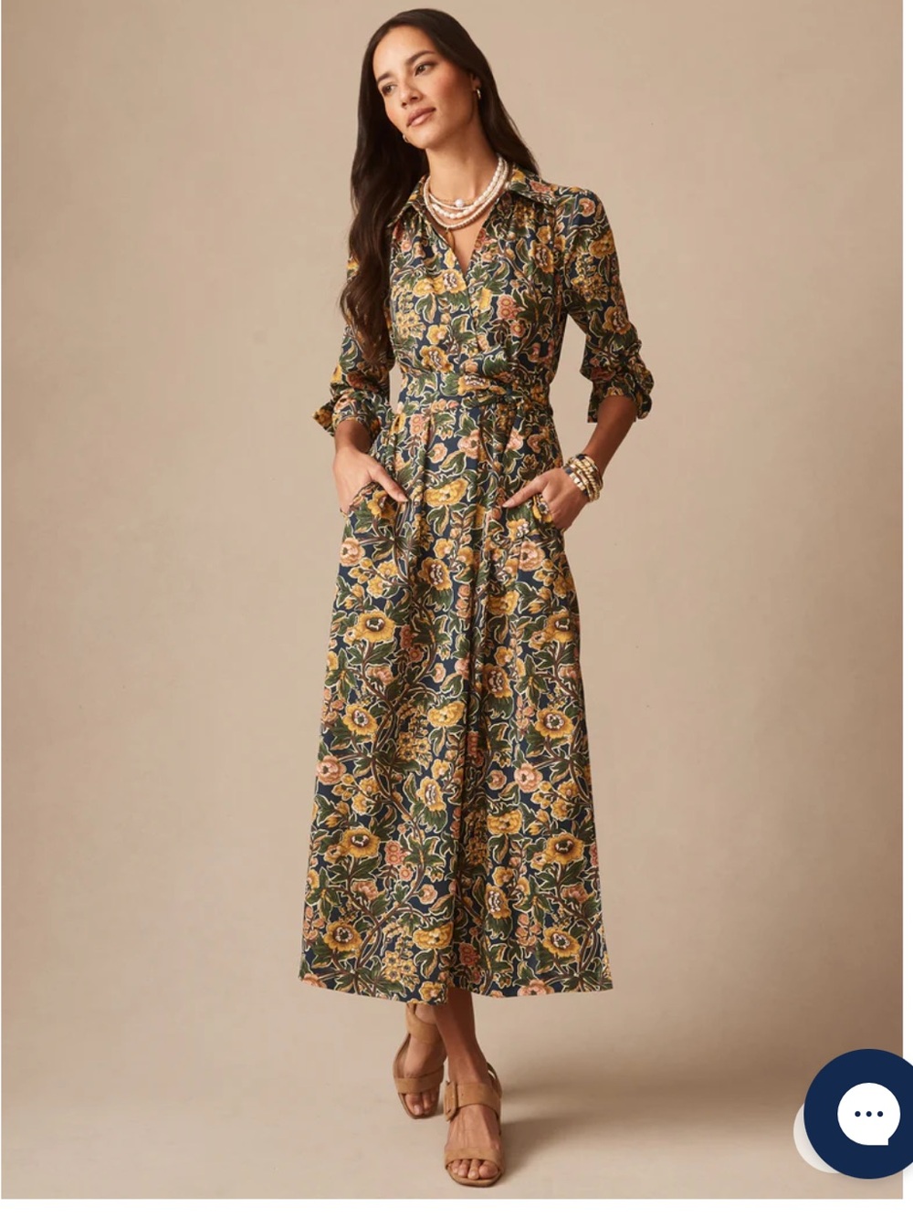 NWT J. McLaughlin Blue Floral Long Sleeve Midi Dress with Pink & Gold Blooms